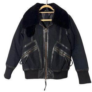 Nicholas K Aviator Bomber Jacket Womens S Black Leather Shearling Trim Luxury
